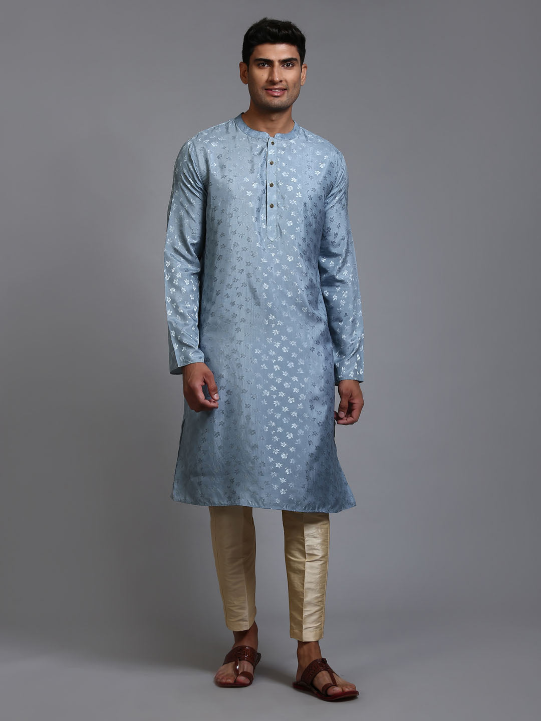 Sarvati Men's Grey Jacquard Kurta with Pant Set