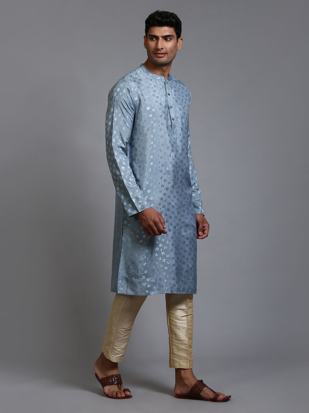 Sarvati Men's Grey Jacquard Kurta with Pant Set