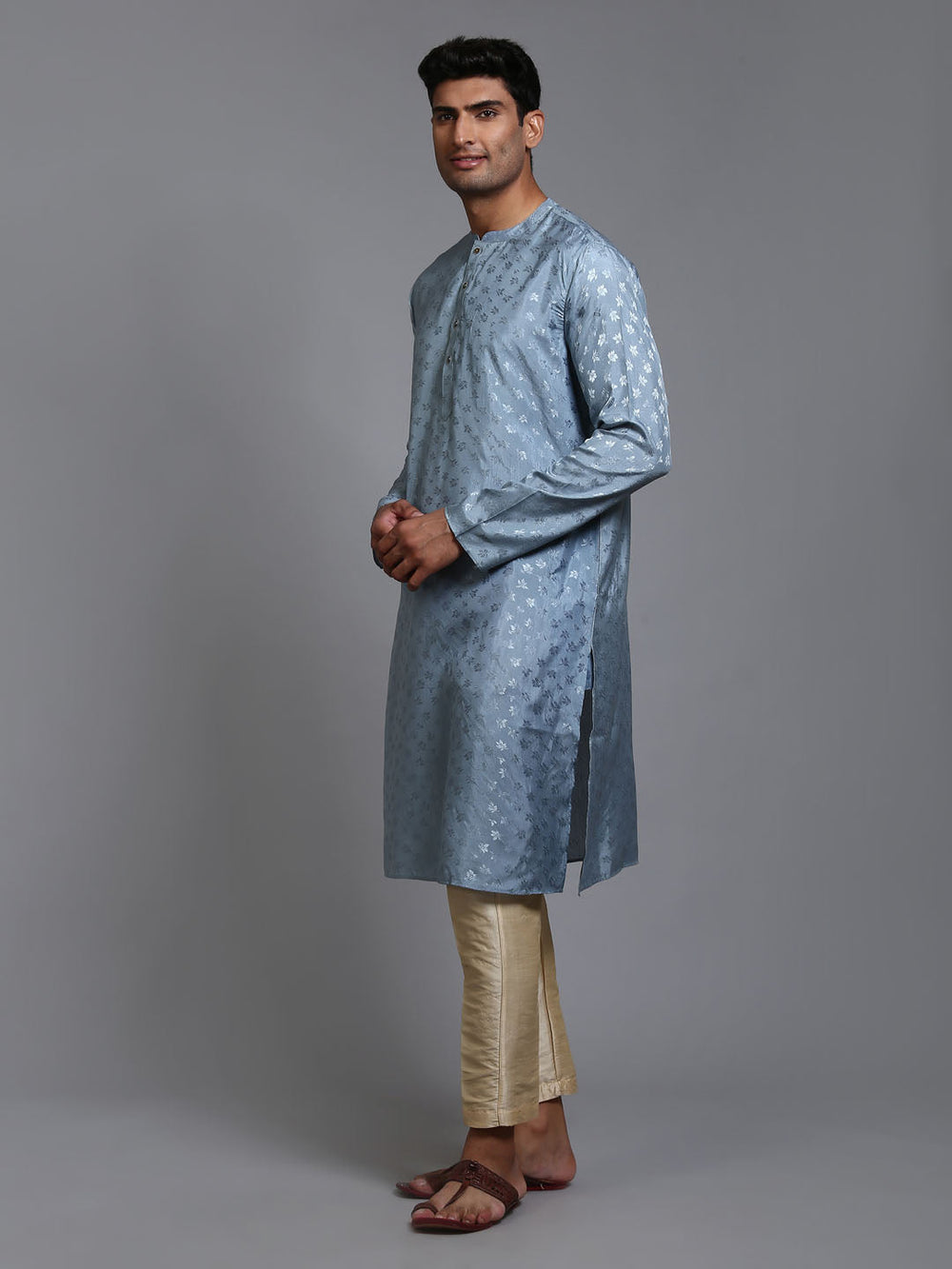 Sarvati Men's Grey Jacquard Kurta with Pant Set