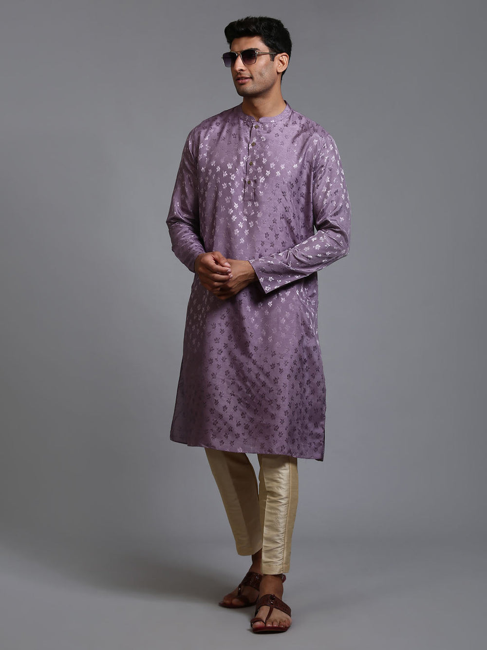 Sarvati Men's Purple Jacquard Kurta with Pant Set