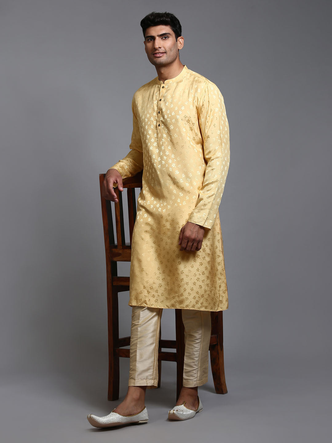 Sarvati Men's Yellow Jacquard Kurta with Pant Set