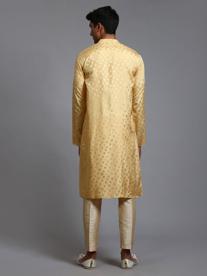 Sarvati Men's Yellow Jacquard Kurta with Pant Set