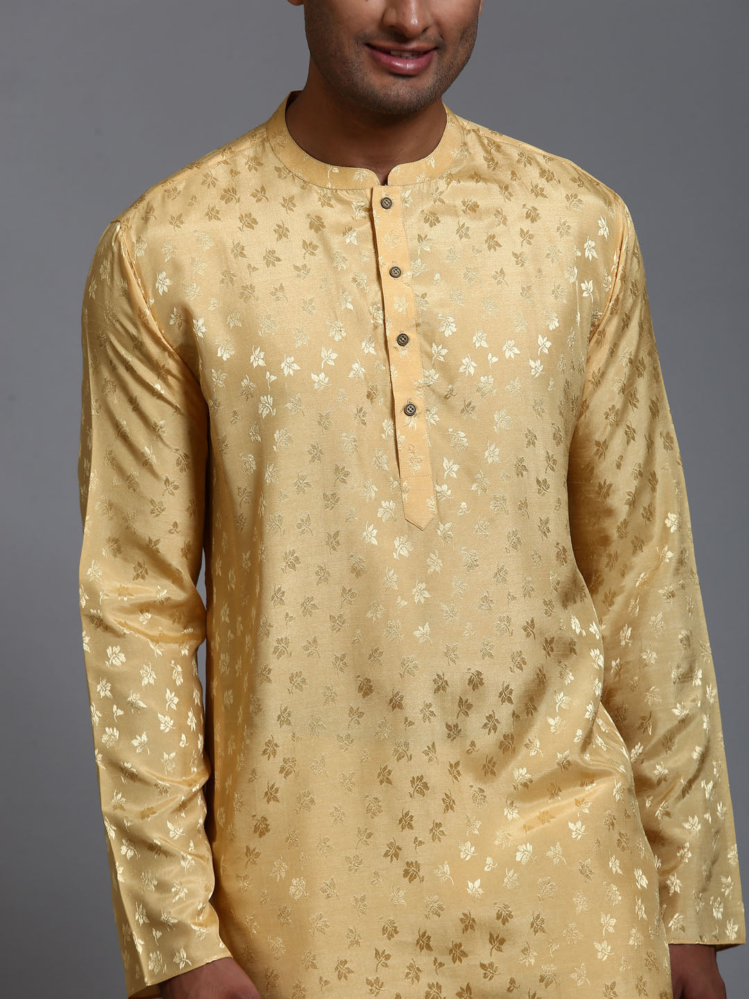 Sarvati Men's Yellow Jacquard Kurta with Pant Set