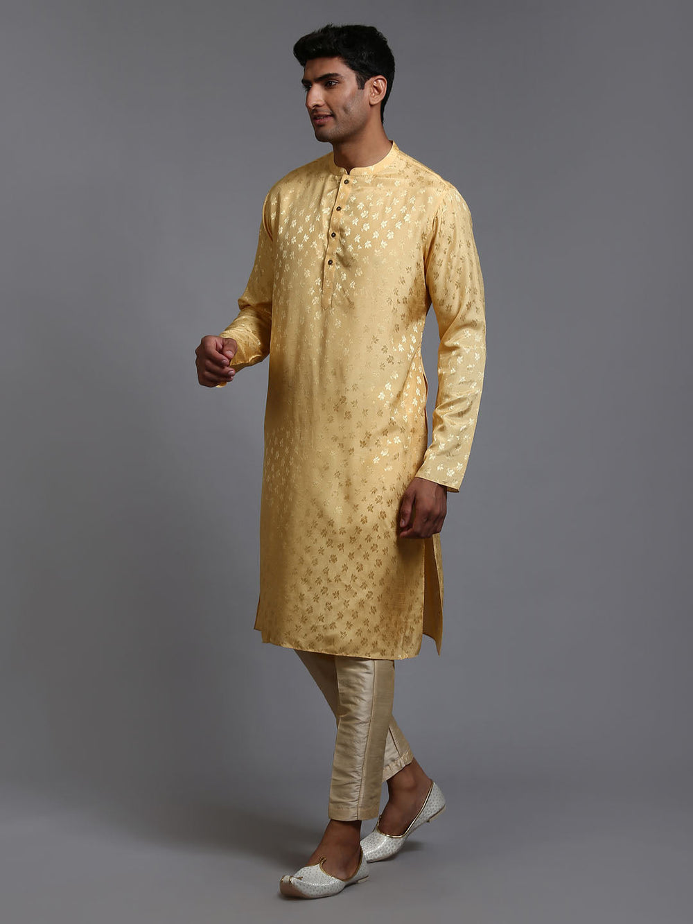 Sarvati Men's Yellow Jacquard Kurta with Pant Set