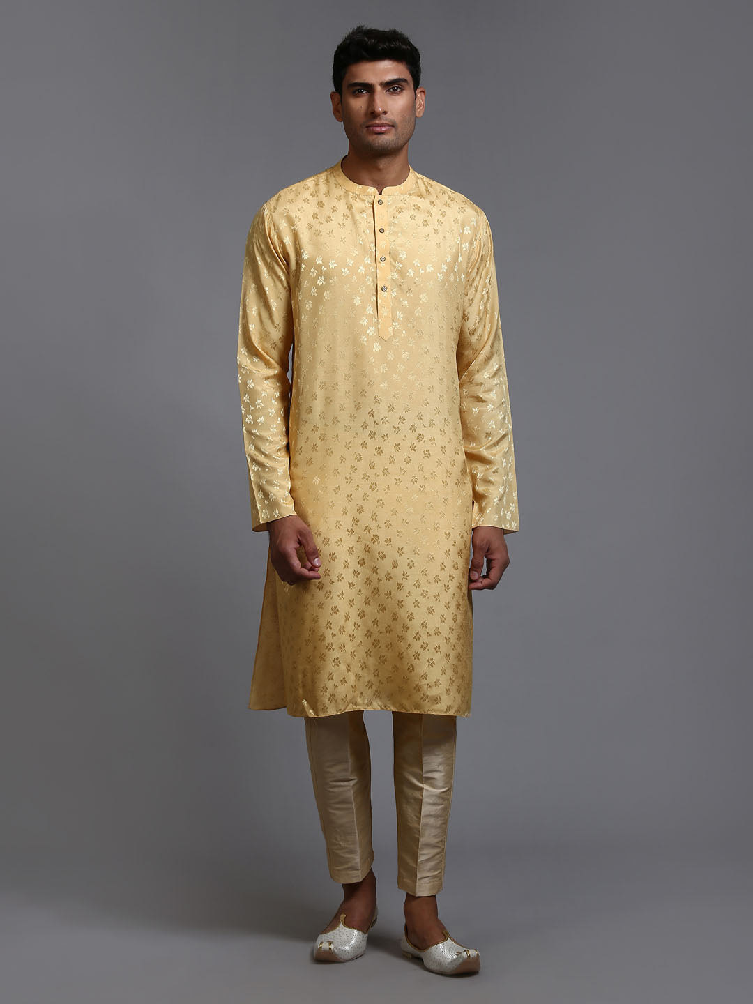 Sarvati Men's Yellow Jacquard Kurta with Pant Set