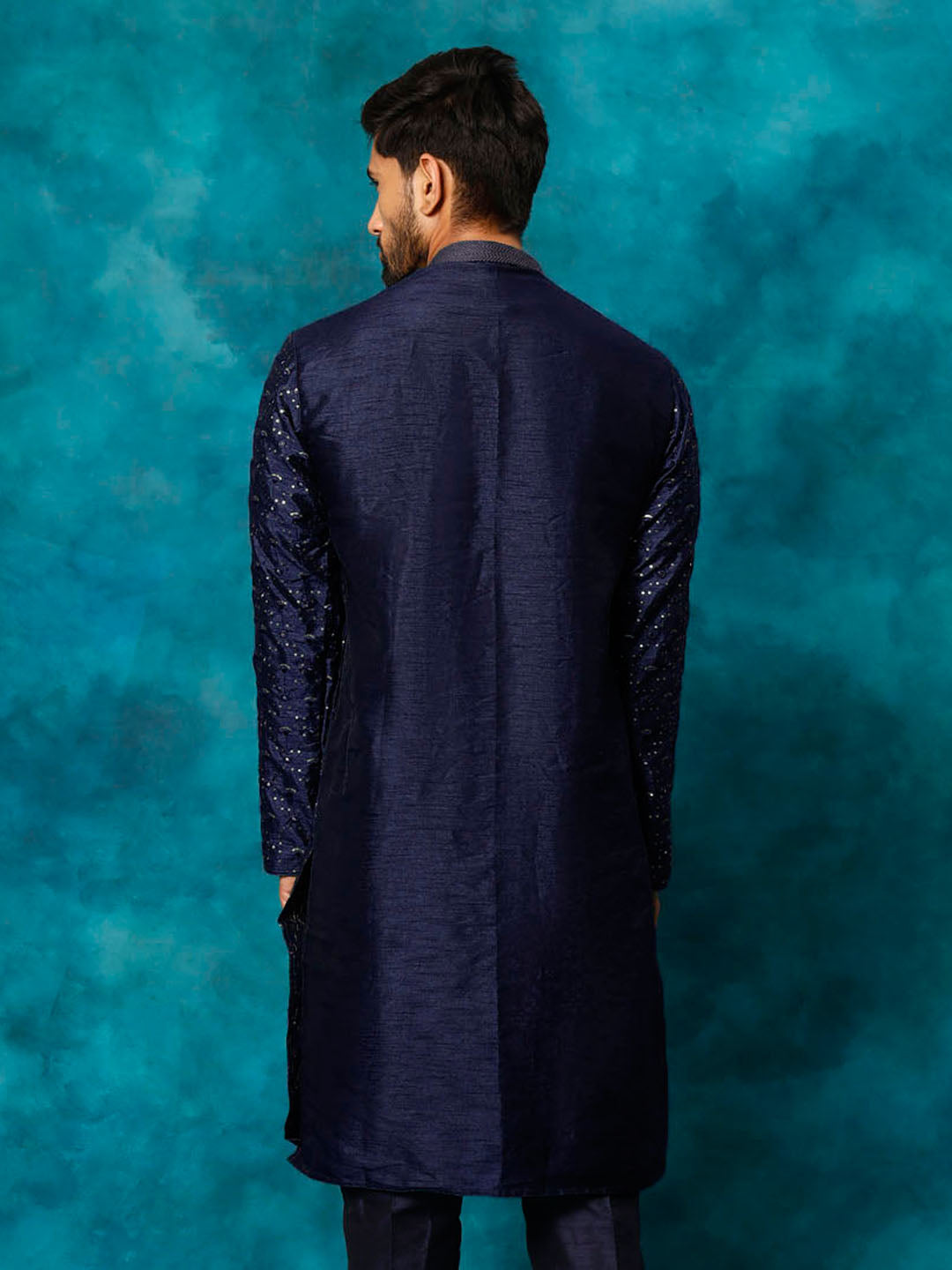 Men's Blue Silk Blend Embellished Kurta