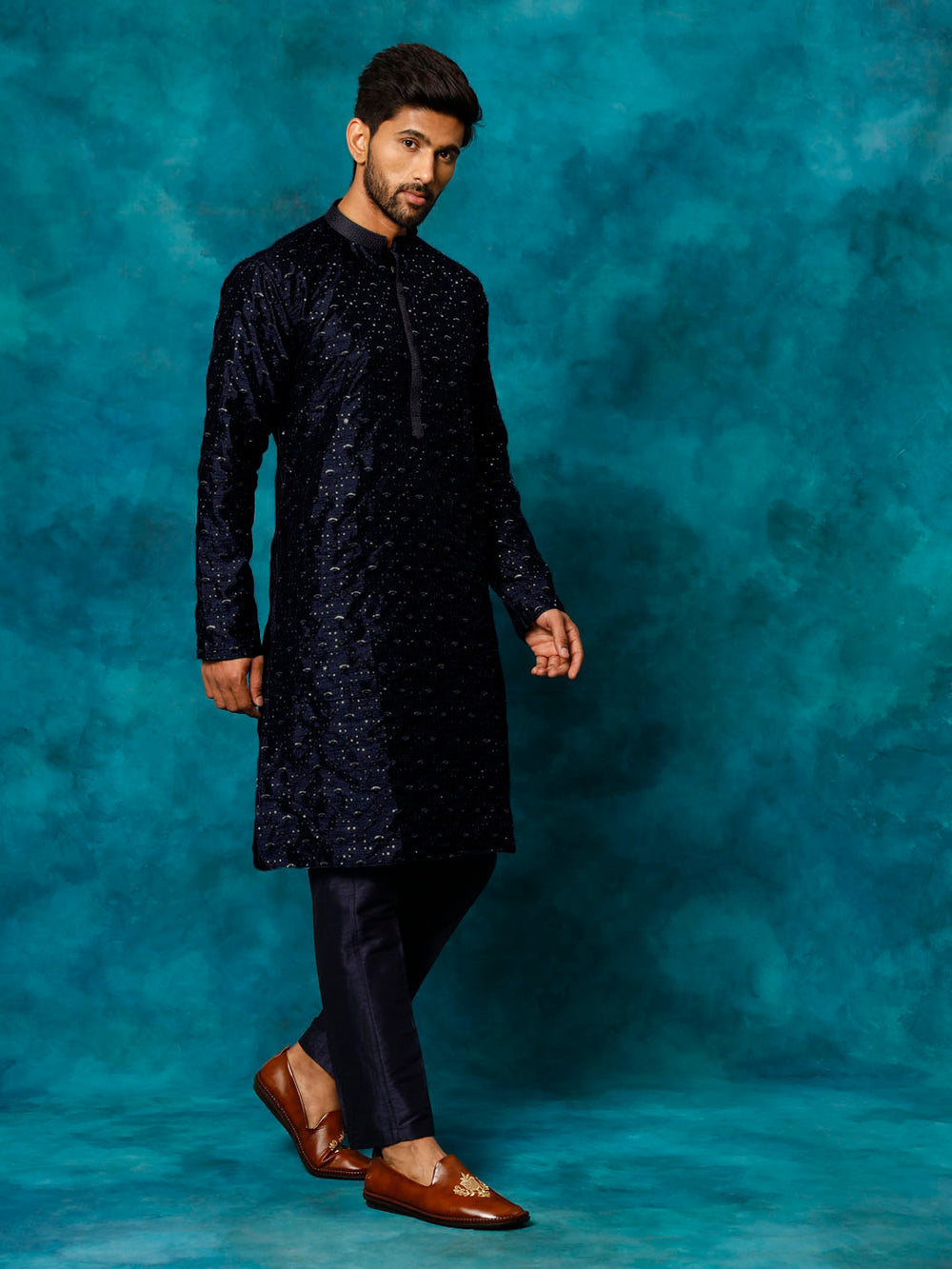 Men's Blue Silk Blend Kurta Pyjama Set