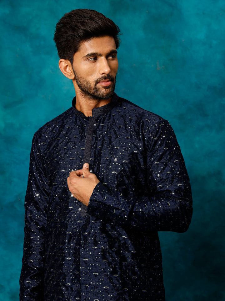 Men's Blue Silk Blend Kurta Pyjama Set