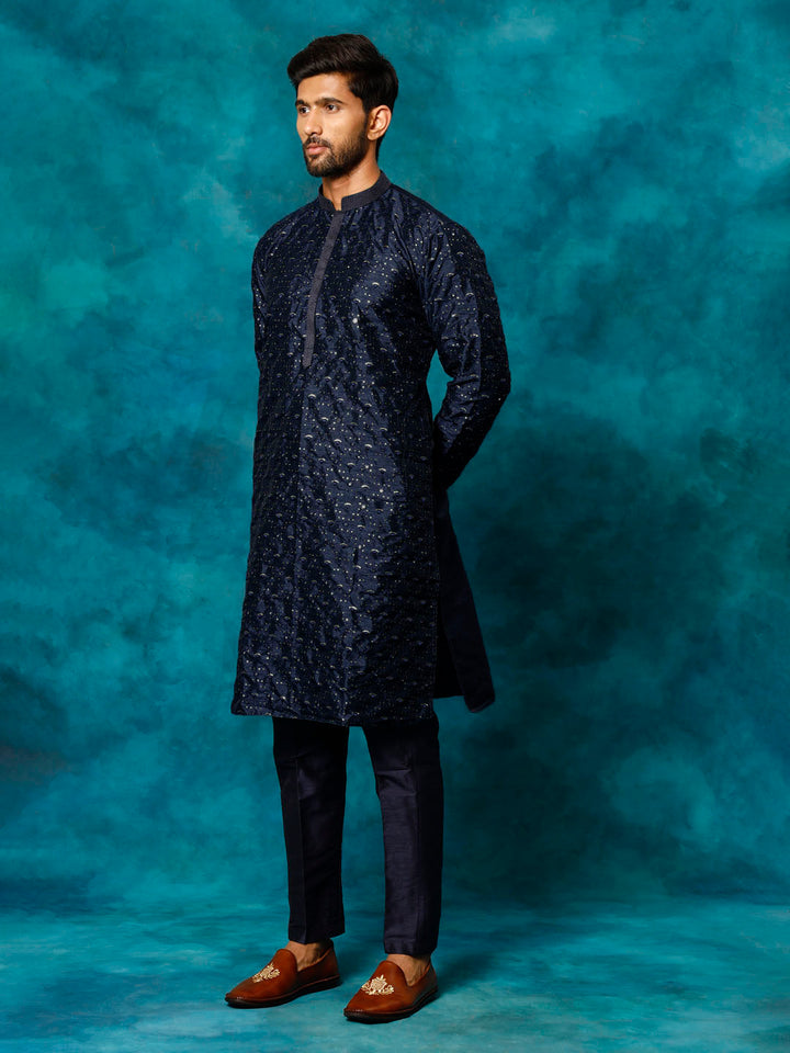 Men's Blue Silk Blend Kurta Pyjama Set
