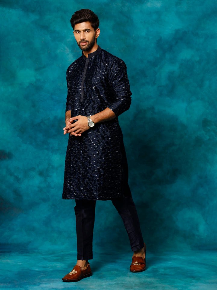 Men's Blue Silk Blend Kurta Pyjama Set