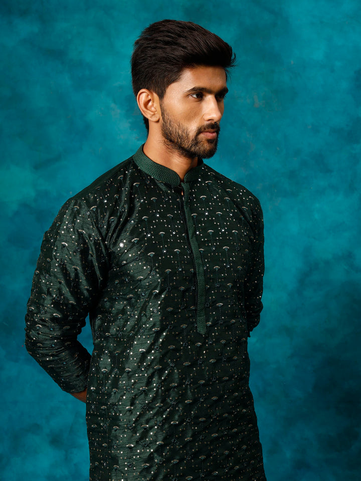 Men's Green Silk Blend Embellished Kurta