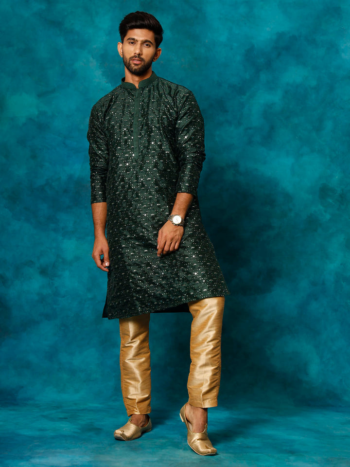 Men's Green Silk Blend Embellished Kurta