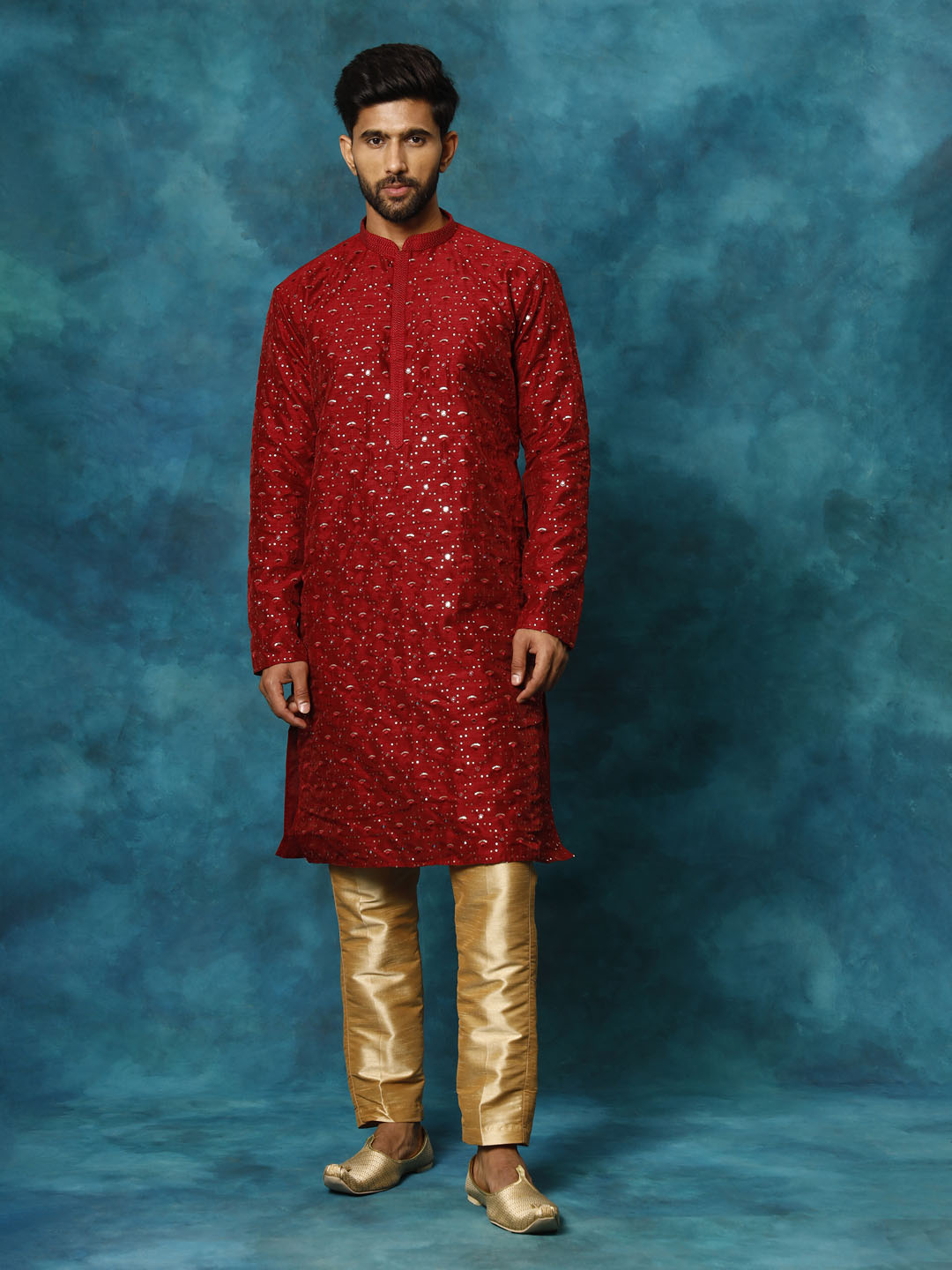 Men's Maroon Silk Blend Embellished Kurta