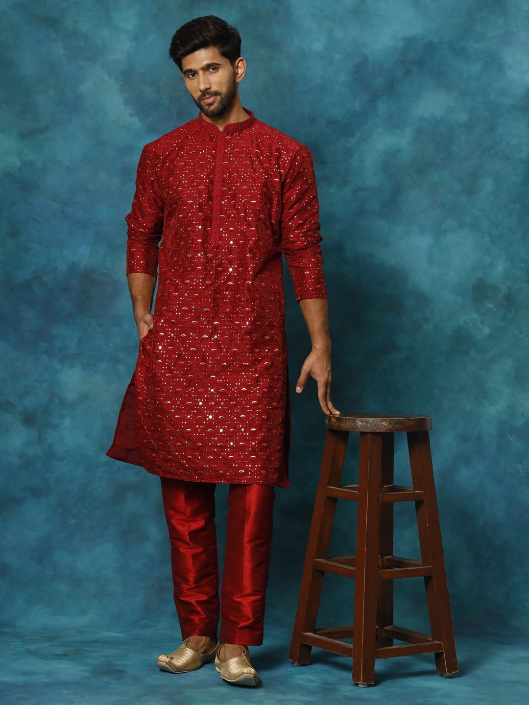 Sarvati Men's Maroon Silk Blend Kurta Pyjama Set