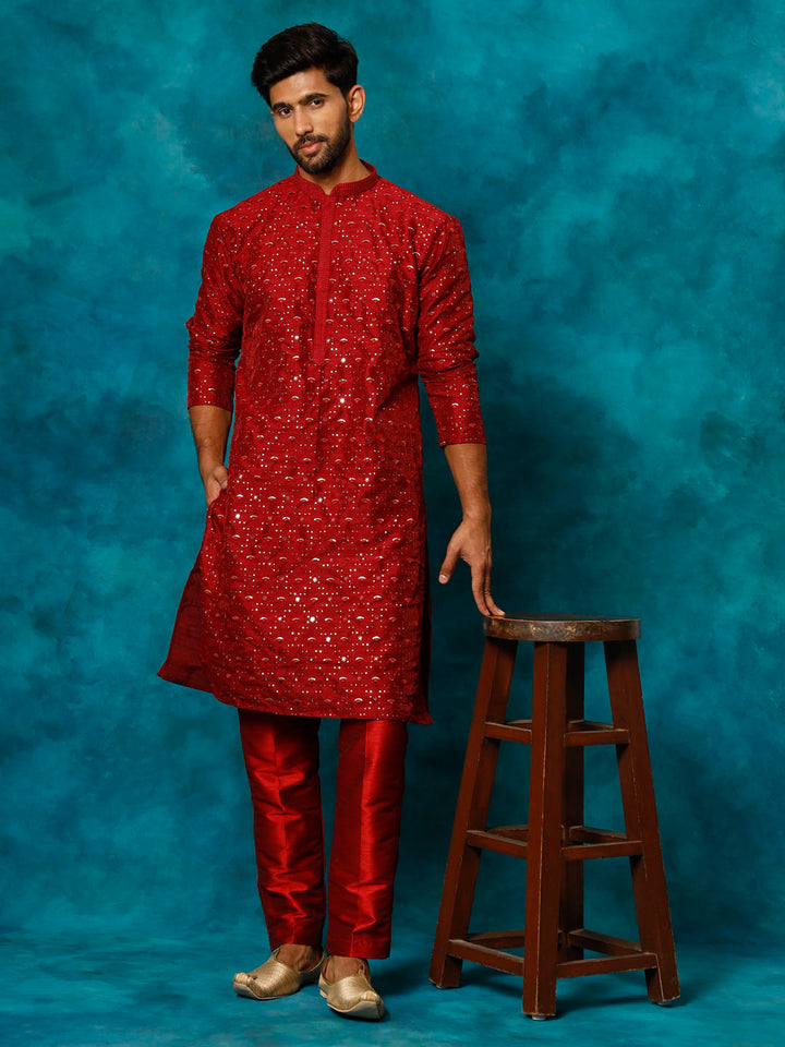 Sarvati Men's Maroon Silk Blend Kurta Pyjama Set