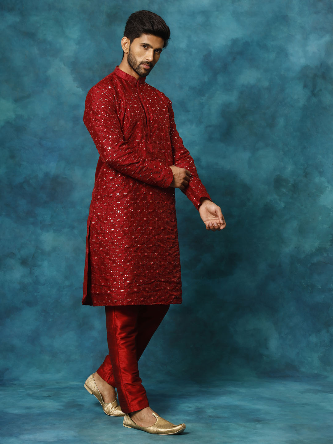 Sarvati Men's Maroon Silk Blend Kurta Pyjama Set