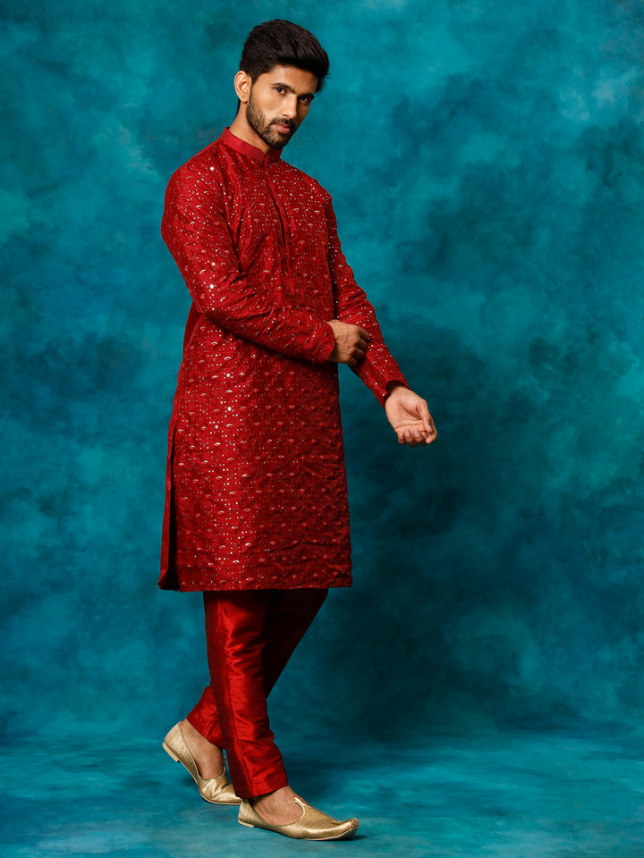 Sarvati Men's Maroon Silk Blend Kurta Pyjama Set