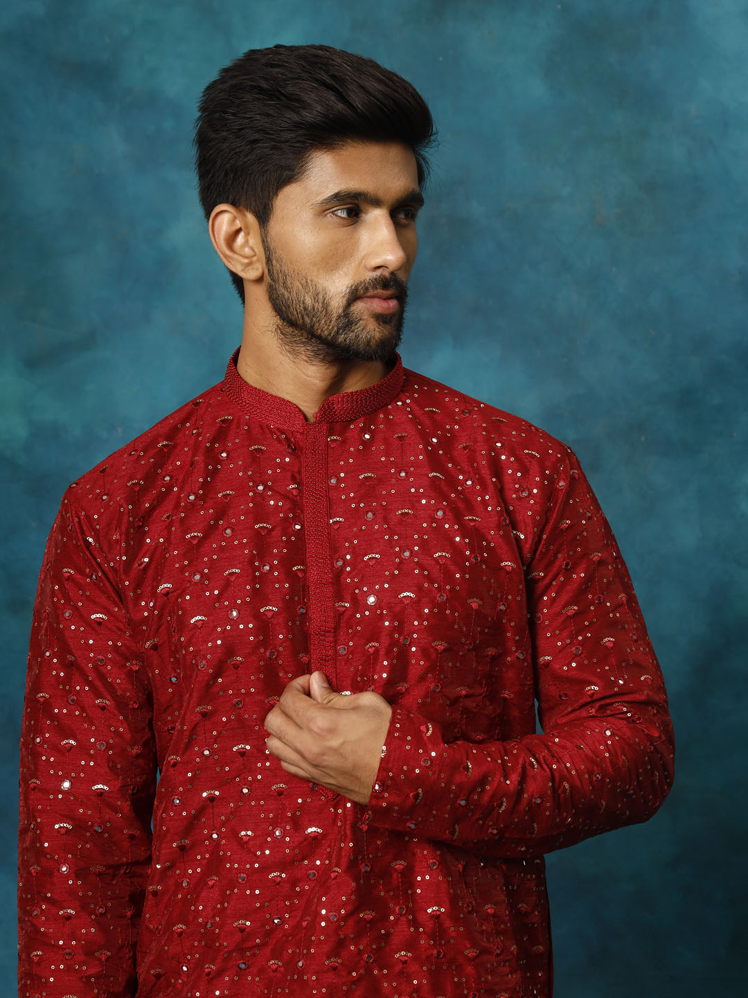 Sarvati Men's Maroon Silk Blend Kurta Pyjama Set