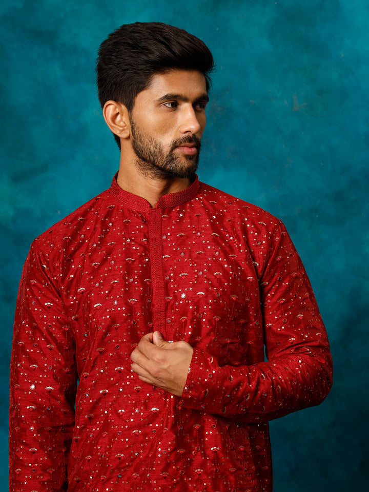 Sarvati Men's Maroon Silk Blend Kurta Pyjama Set