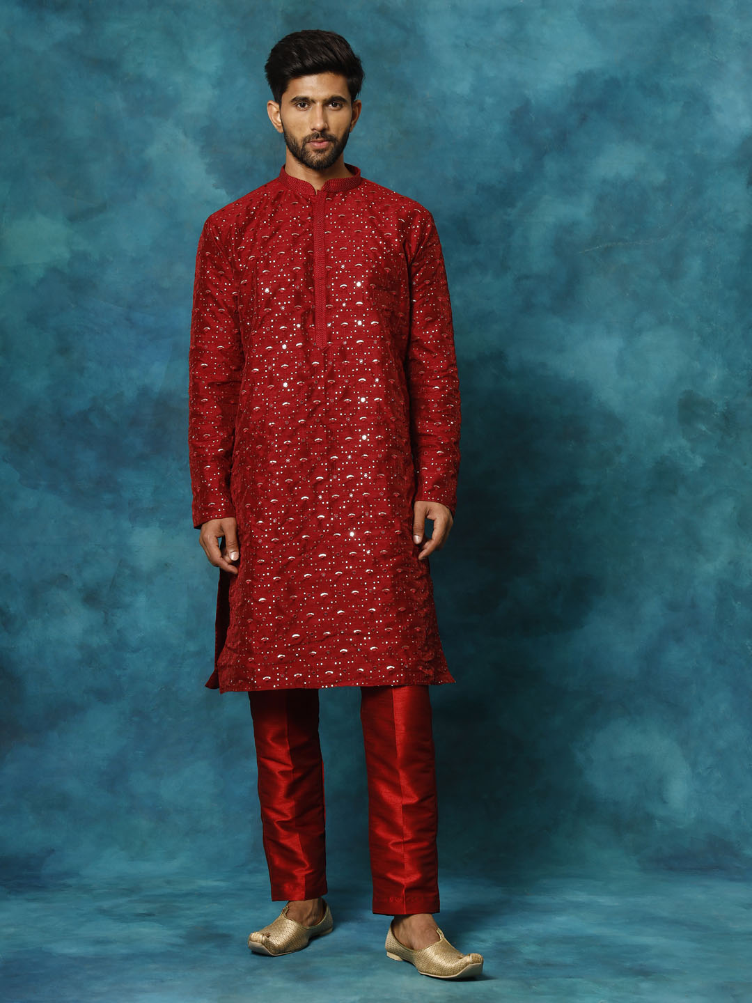 Sarvati Men's Maroon Silk Blend Kurta Pyjama Set