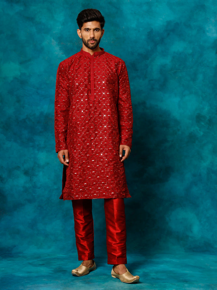 Sarvati Men's Maroon Silk Blend Kurta Pyjama Set