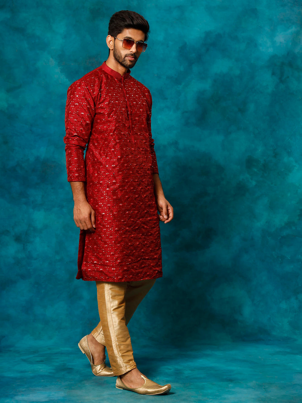 Sarvati Men's Maroon Silk Blend Kurta Pyjama Set