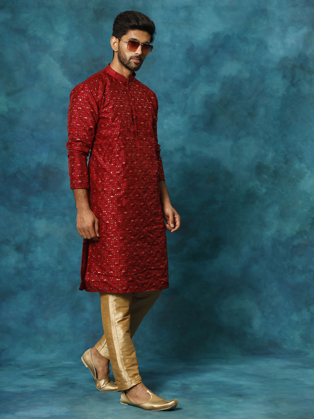 Sarvati Men's Maroon Silk Blend Kurta Pyjama Set