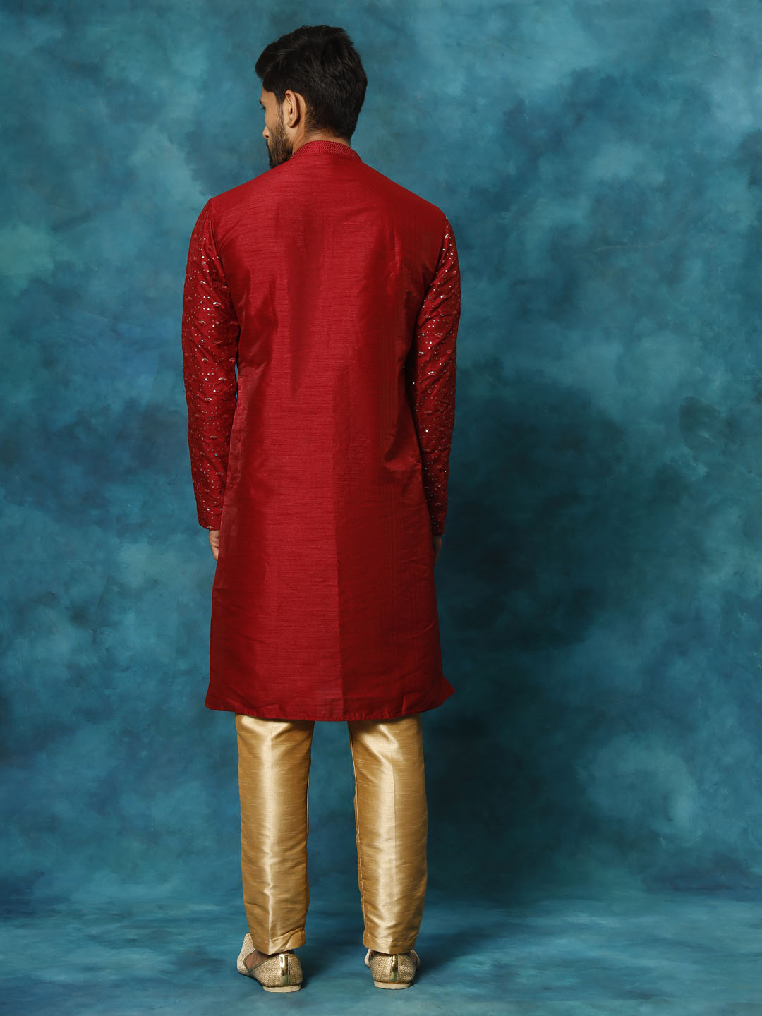 Sarvati Men's Maroon Silk Blend Kurta Pyjama Set