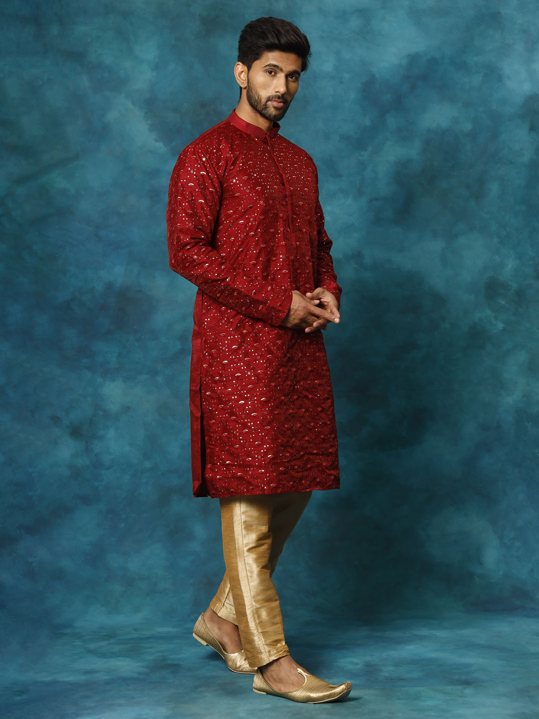 Sarvati Men's Maroon Silk Blend Kurta Pyjama Set