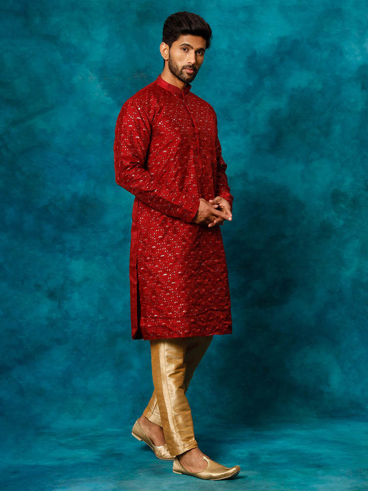 Sarvati Men's Maroon Silk Blend Kurta Pyjama Set