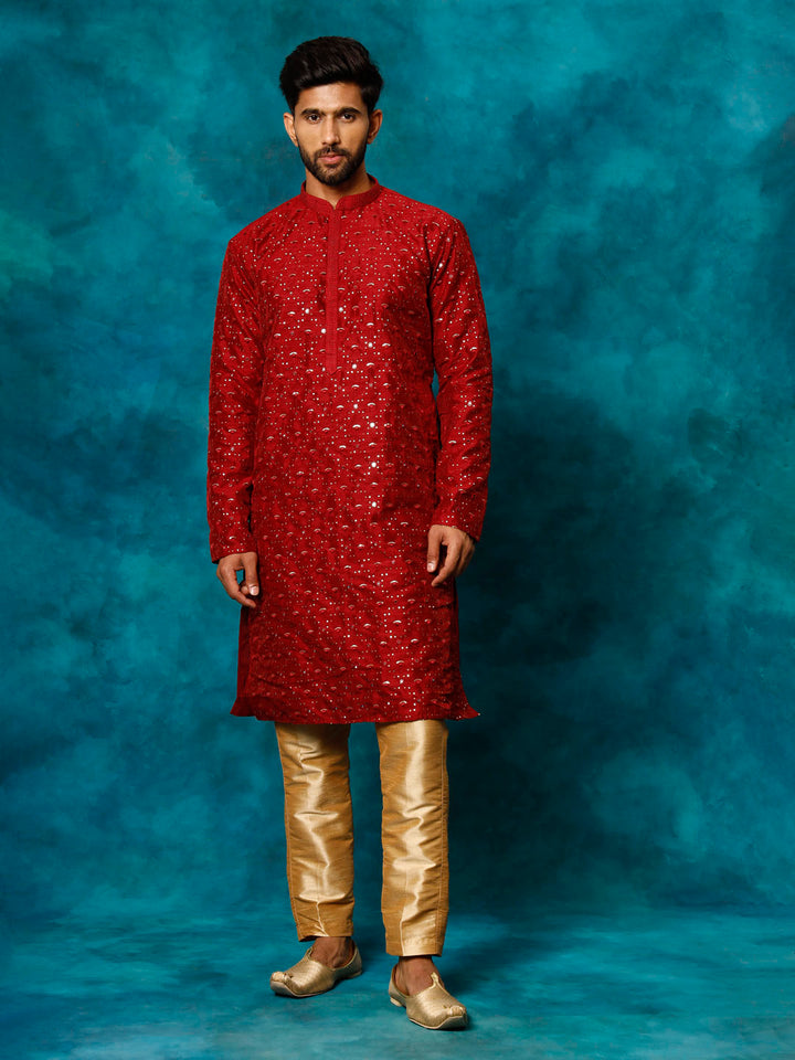 Sarvati Men's Maroon Silk Blend Kurta Pyjama Set