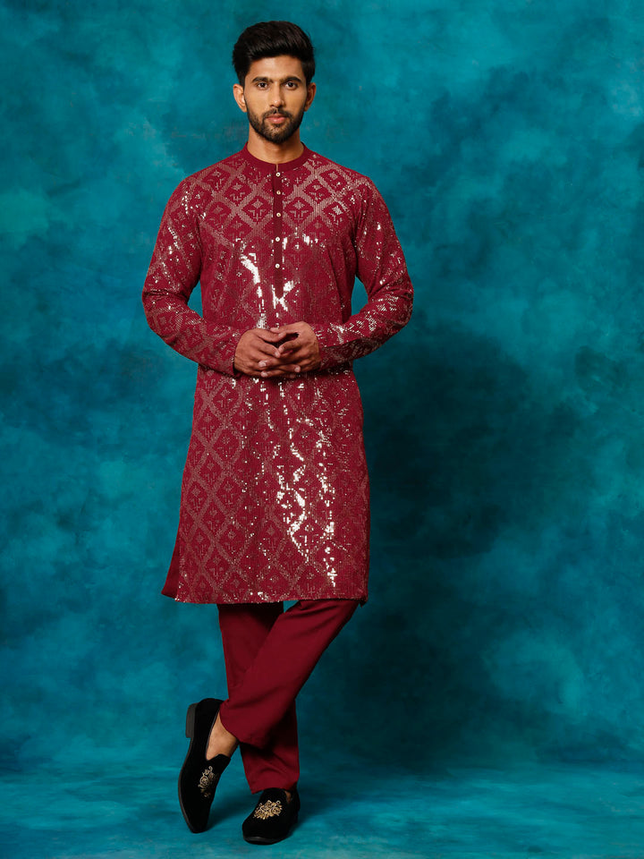 VM Men's Maroon Embellished Georgette Kurta Pyjama Set