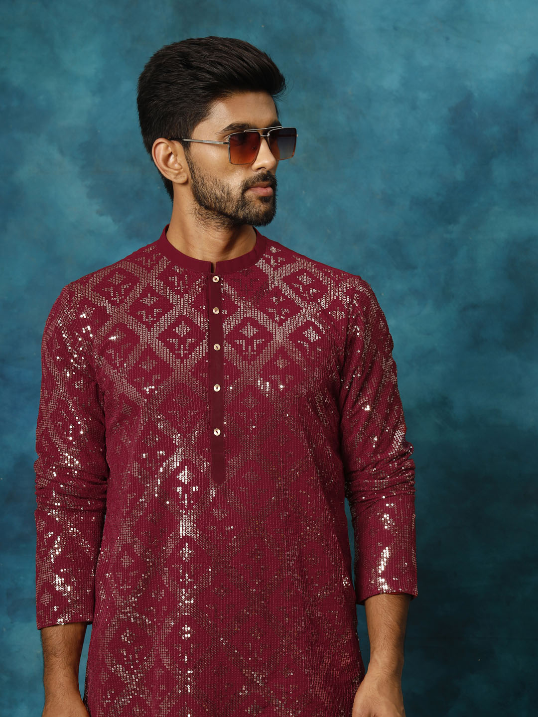 VM Men's Maroon Embellished Georgette Kurta Pyjama Set