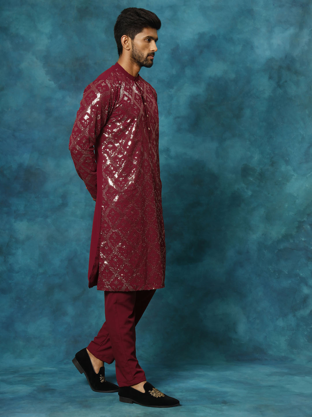 VM Men's Maroon Embellished Georgette Kurta Pyjama Set