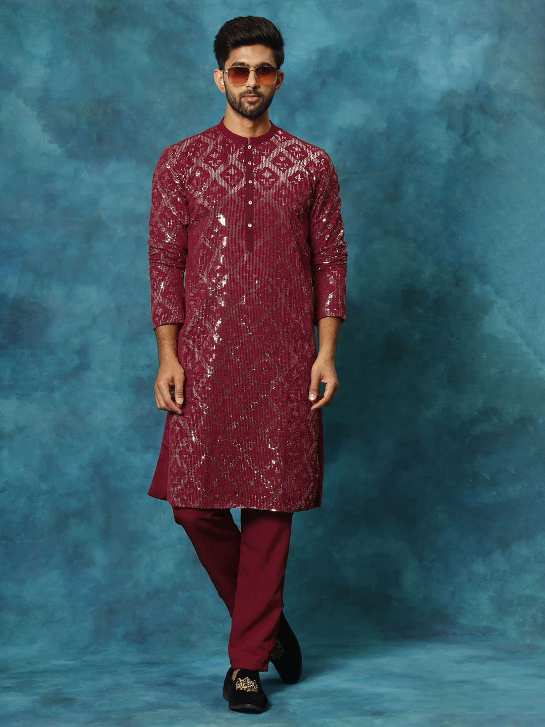 VM Men's Maroon Embellished Georgette Kurta Pyjama Set