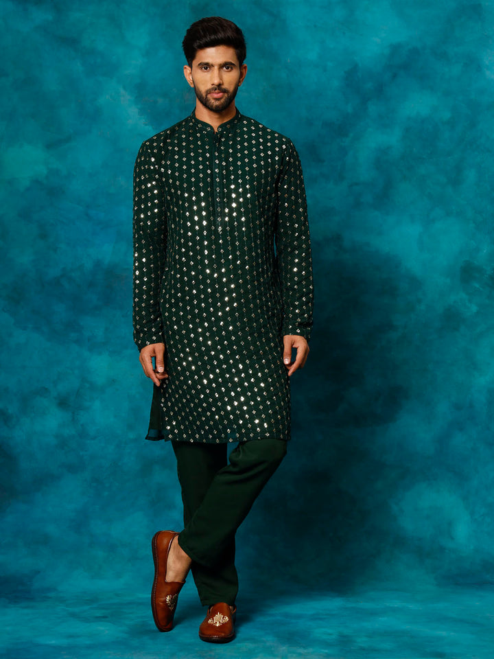 VM Men's Green Georgette Sequins Kurta Pyjama Set