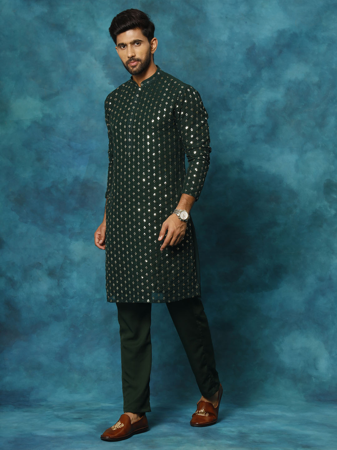 VM Men's Green Georgette Sequins Kurta Pyjama Set