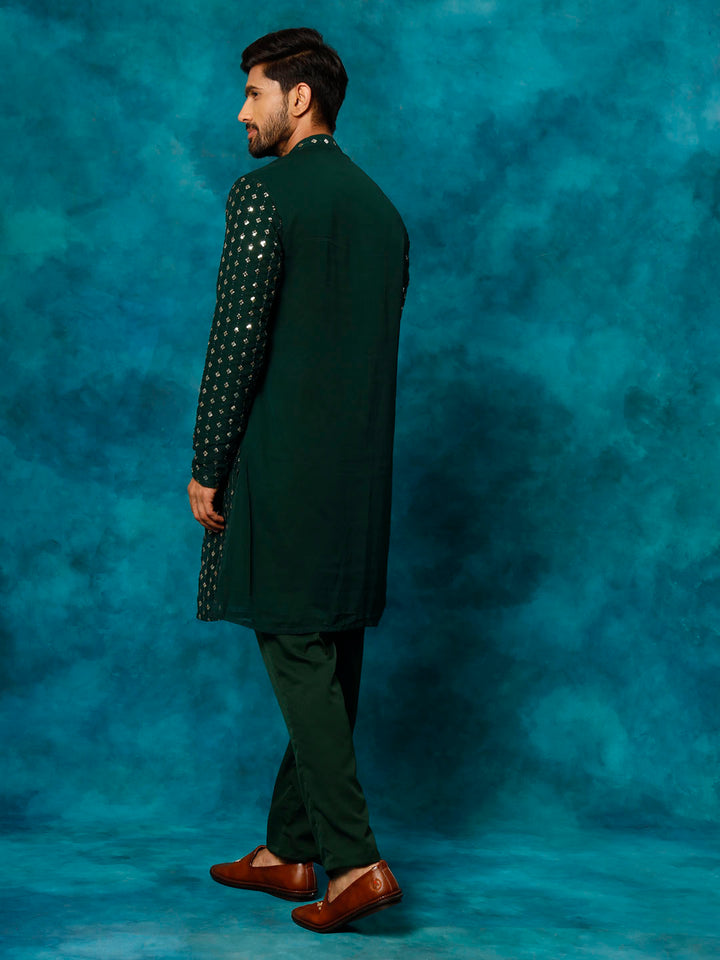 VM Men's Green Georgette Sequins Kurta Pyjama Set