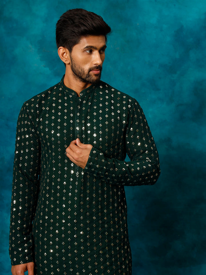 VM Men's Green Georgette Sequins Kurta Pyjama Set