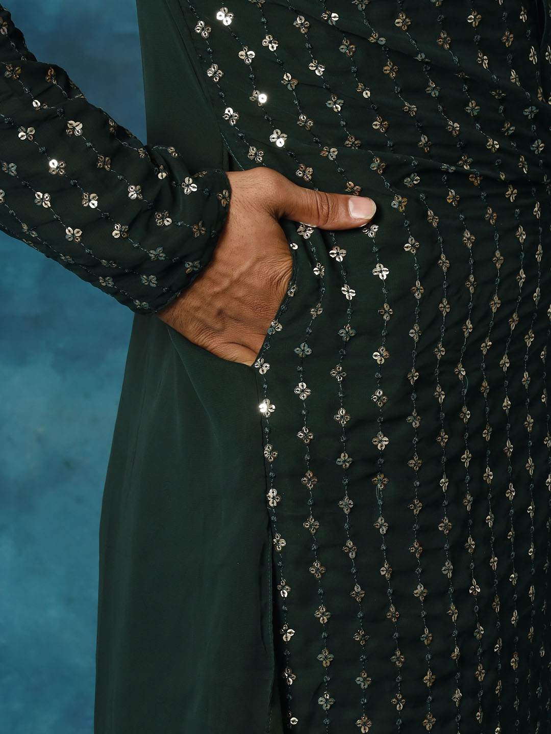 VM Men's Green Georgette Sequins Kurta Pyjama Set