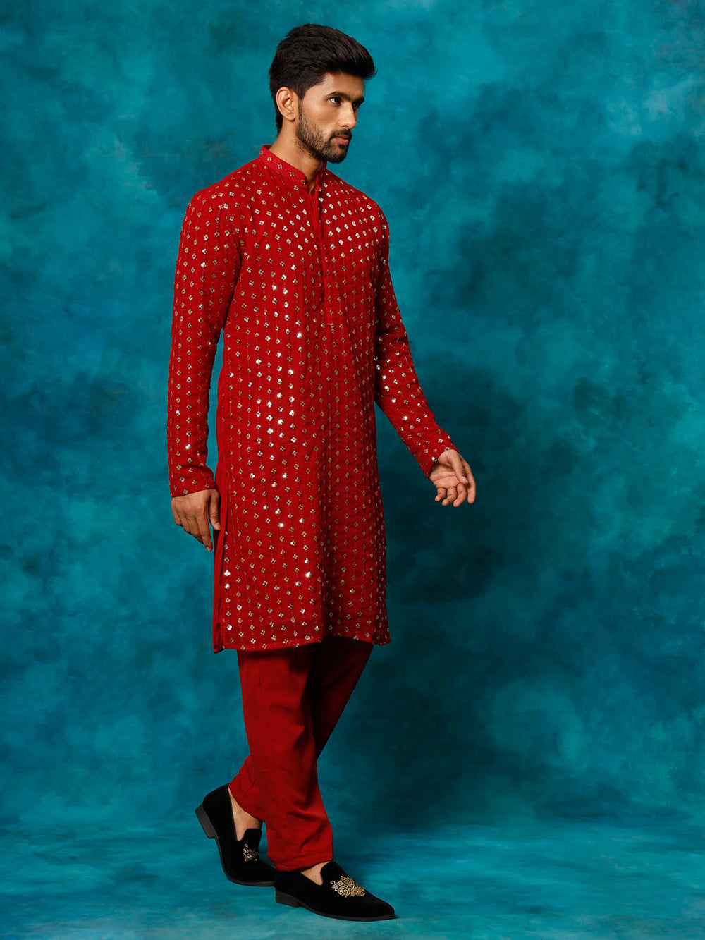 VM Men's Maroon Georgette Sequins Kurta Pyjama Set