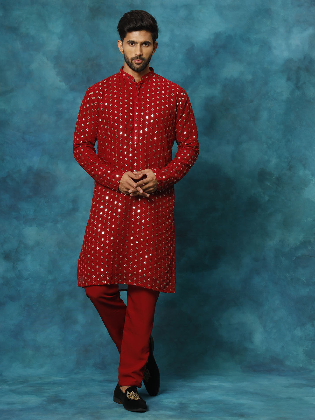 VM Men's Maroon Georgette Sequins Kurta Pyjama Set