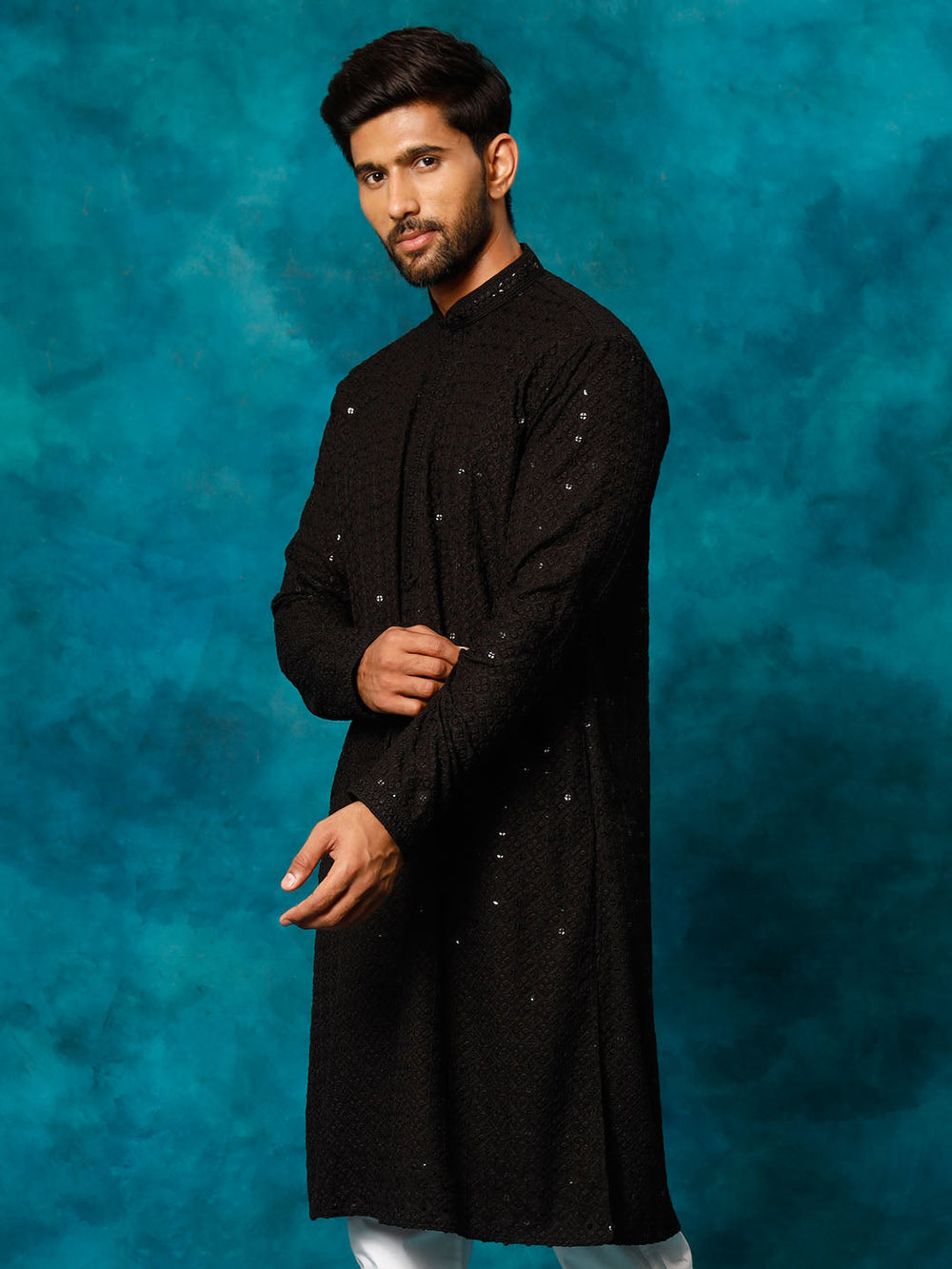 Men's Black Rayon Schiffli Kurta