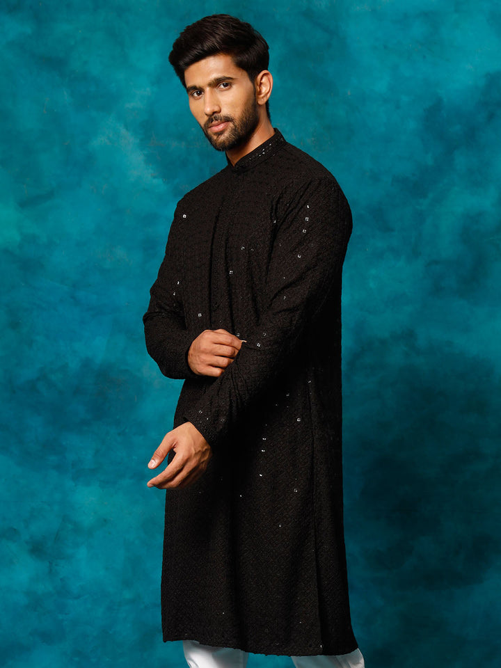 Men's Black Rayon Schiffli Kurta