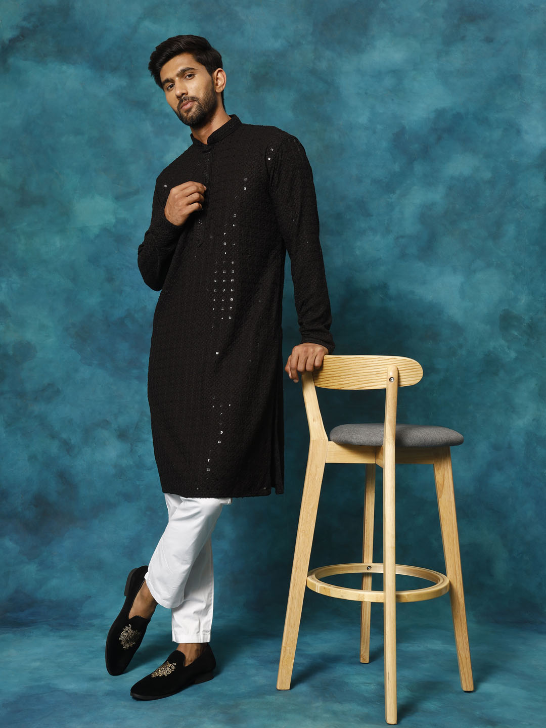 Sarvati Men's Black Rayon Schiffli Kurta And Pant Set