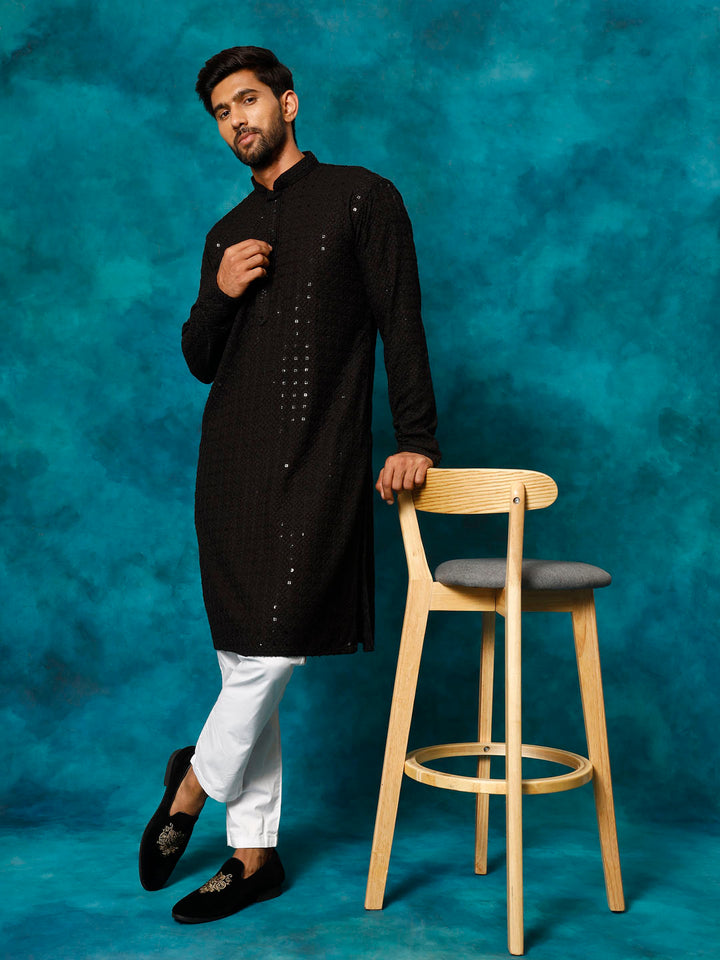 Sarvati Men's Black Rayon Schiffli Kurta And Pant Set