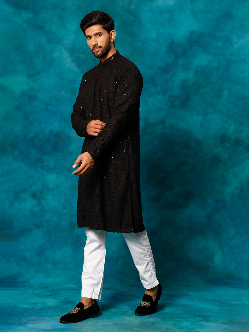 Sarvati Men's Black Rayon Schiffli Kurta And Pant Set