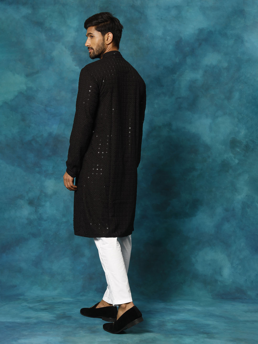 Sarvati Men's Black Rayon Schiffli Kurta And Pant Set