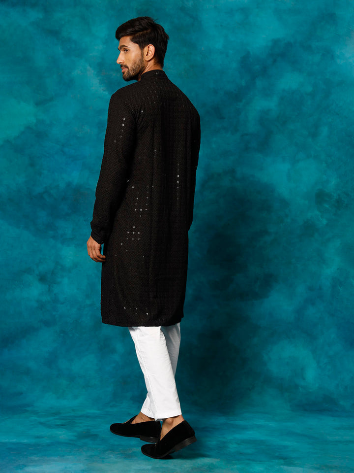 Sarvati Men's Black Rayon Schiffli Kurta And Pant Set