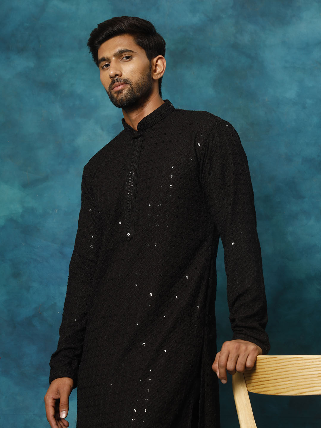 Sarvati Men's Black Rayon Schiffli Kurta And Pant Set